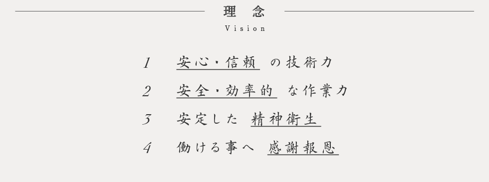 理念 vision　1.安心・信頼 の技術力　2.安全・効率的 な作業力　3.安定した 精神衛生　4.働ける事へ 感謝報恩